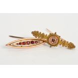 TWO 9CT GOLD LATE 19TH TO EARLY 20TH CENTURY GEM BROOCHES, the first of marquise shape outline