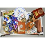 A BOX OF RUNNING MEDALLIONS AND MEMORABILIA to include London Marathon etc
