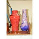 A MODERN PINK AND BLUE SPECKLED GLASS BULBOUS VASE, height 36cm, a red glass baluster vase and a