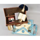 A SMALL LEATHER CARRY CASE CONTAINING A NUMBER OF ITEMS OF FREEMASON REGALIA, as follows, blue