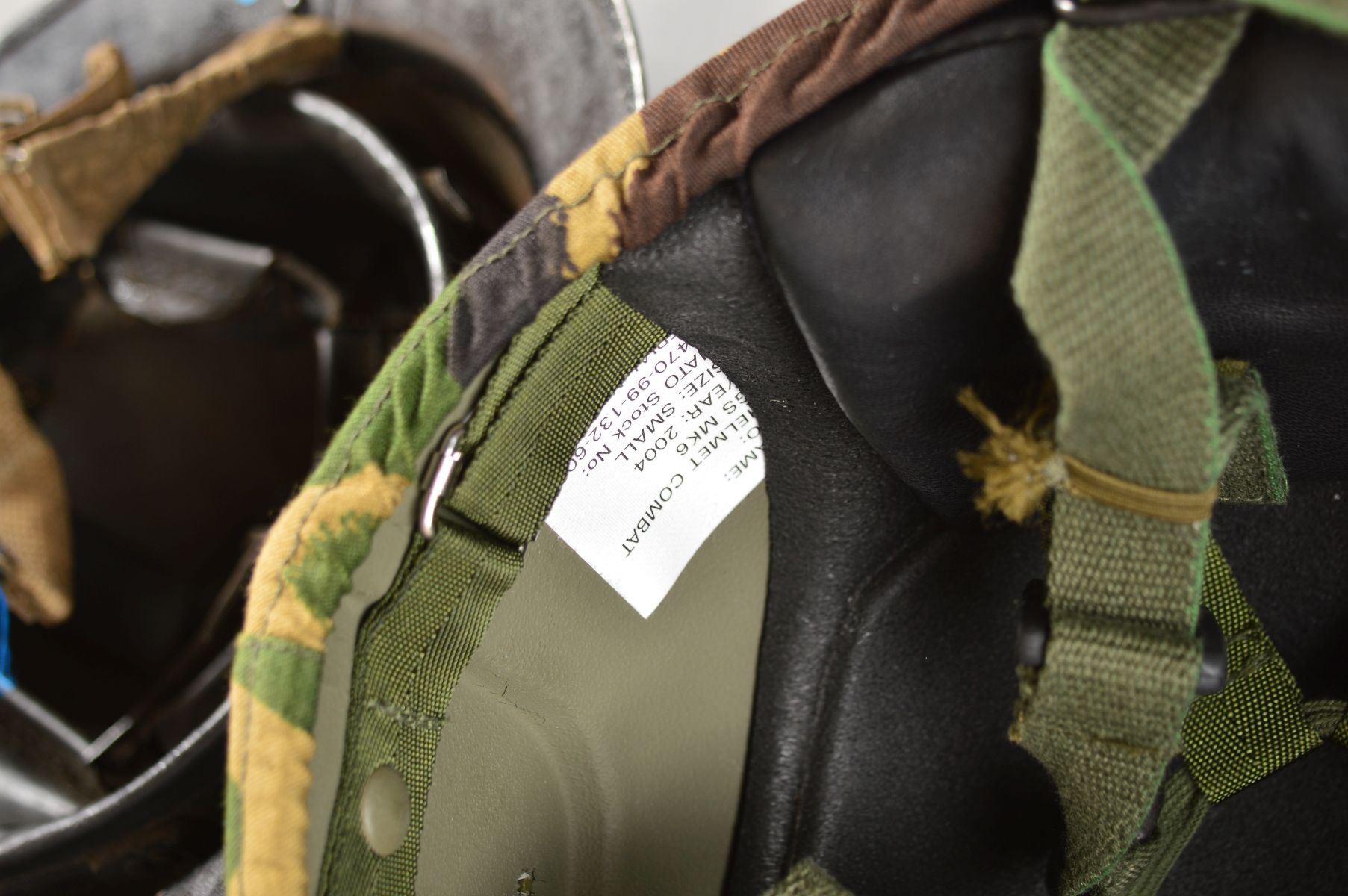 A BOX CONTAINING FIVE MILITARY HELMETS, as follows, Post War WWII era Eastern Block helmet, green - Image 7 of 8