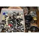 A BOX OF SILVER PLATE AND STAINLESS STEEL CUTLERY TRAYS, napkin rings, bottle coaster, etc (one