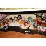 FOUR BOXES AND LOOSE DOLLS, SOFT TOYS etc to include British 1960's plastic dolls etc