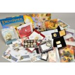 A BOX OF COINS, COMMEMORATIVES, YEAR SET PROOFS IN SILVER AND CUPRO-NICKEL, Lord of The Rings