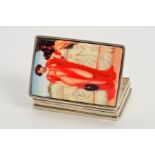 A RECTANGULAR HINGED PILL/SNUFF BOX, the lid set with a ceramic panel with transfer of a lady on it,