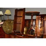 A POLLARD OAK FINISH OVAL TOPPED TRIPOD TABLE, (distressed top), an oak waterfall bookcase,