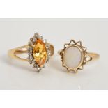 TWO 9CT GOLD GEM DRESS RINGS, the first claw set with a central marquise shape citrine within a pale