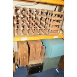 THREE PAINTED WOODEN TOOL CHESTS, four wooden crates and three wine racks (10)