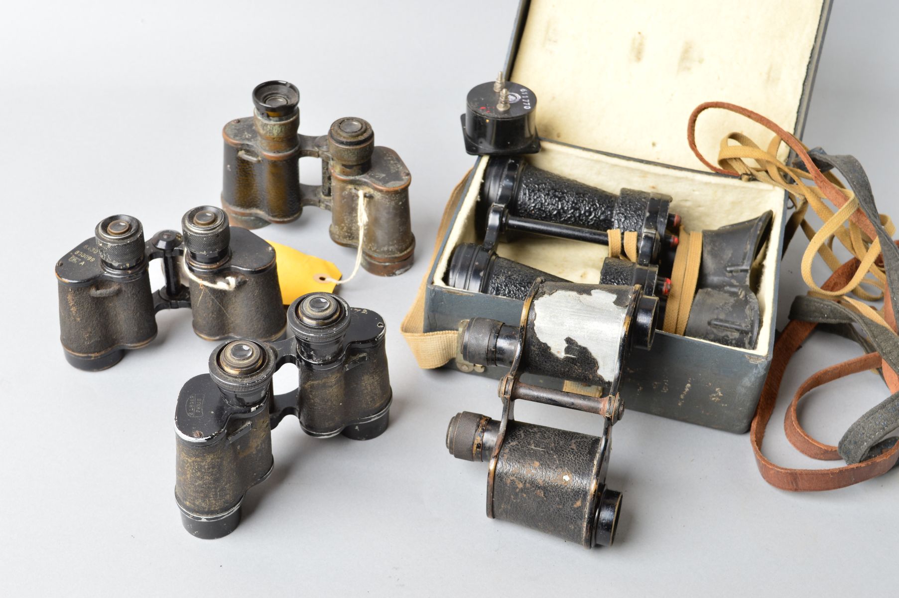 A BOX CONTAINING FIVE PAIRS OF MILITARY ISSUE FIELD BINOCULARS, as follows, Taylor Hobson, 6 x 30