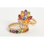 TWO GOLD MULTI GEM RINGS, the first a set with a line of circular gems including sapphire, ruby
