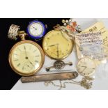A SELECTION OPF POCKET WATCHES, WATCH PARTS AND JEWELLERY to include and Edwardian silver pencil