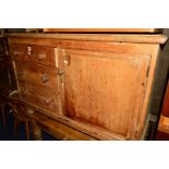 A VICTORIAN PINE SIDEBOARD with three drawers, single cupboard door and marble top, on baluster