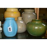 FIVE ROYAL LANCASTRIAN VASES to include light blue lobed shape No2780, height 13cm, a grey/brown
