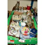 TWO BOXES OF CERAMICS INCLUDING TWO FLORENCE BIRD FIGURES, sets of collectors plates including Royal