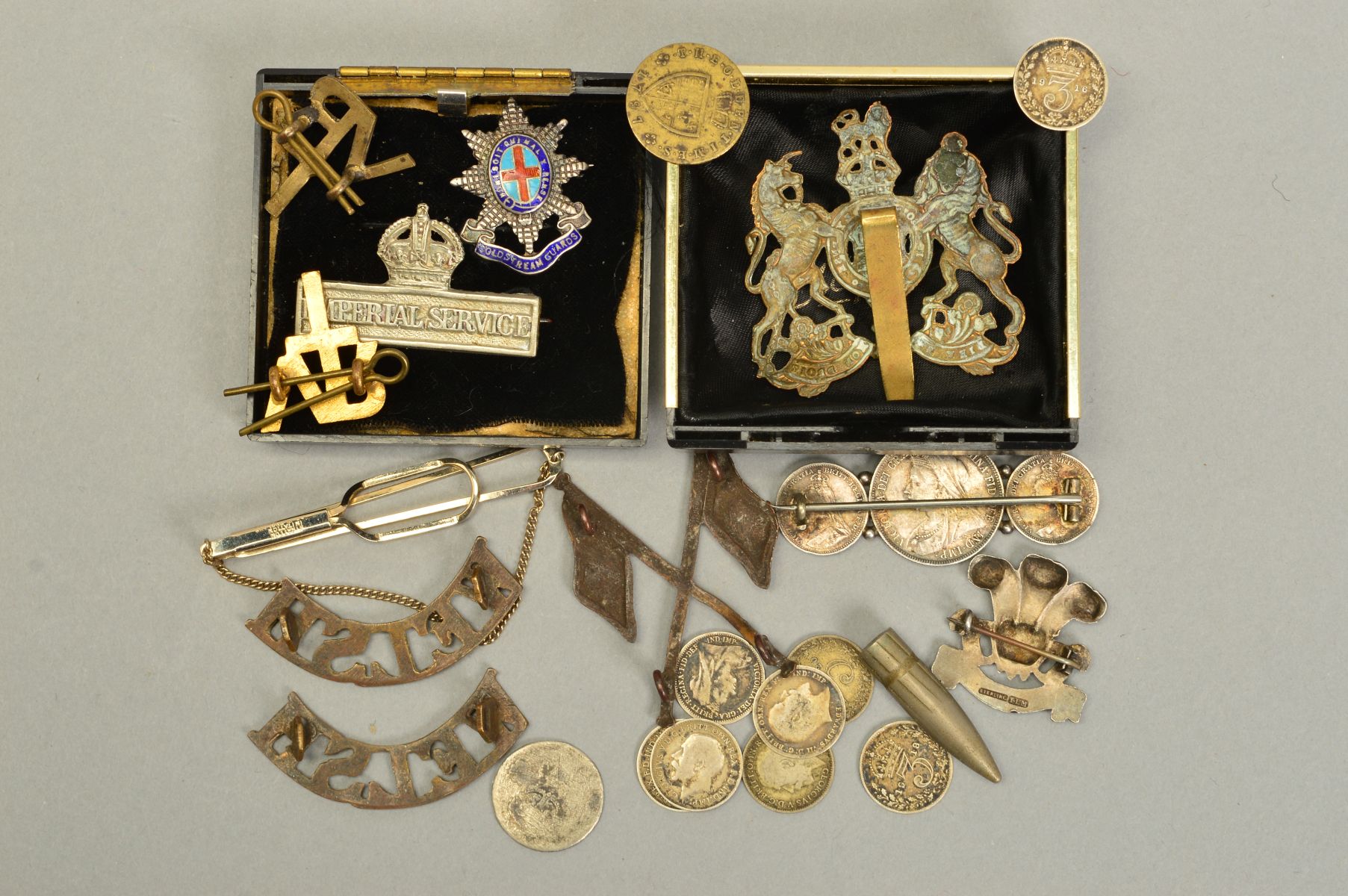 A BAG CONTAINING VARIOUS SILVER COINAGE, MILITARY COLLAR DOGS WELSH REGIMENT, silver 3rd Dragoons - Image 2 of 2