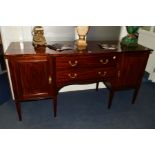 AN EDWARDIAN MAPLE AND CO LTD MAHOGANY, SATINWOOD BANDED AND EBONY STRUNG BREAKFRONT SIDEBOARD,