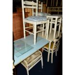 A 1950'S BLUE FORMICA TOPPED DROP LEAF TABLE and two metal framed footstools, draw leaf table,