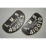 TWO L.M.S. CAST IRON WAGON PLATES, Standard 12 Tons 410010 and 22 Tons 492663, both repainted,
