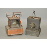 TWO BRITISH RAILWAYS LAMPS, both stamped B.R. (M) but have no makers marks, first one with copper