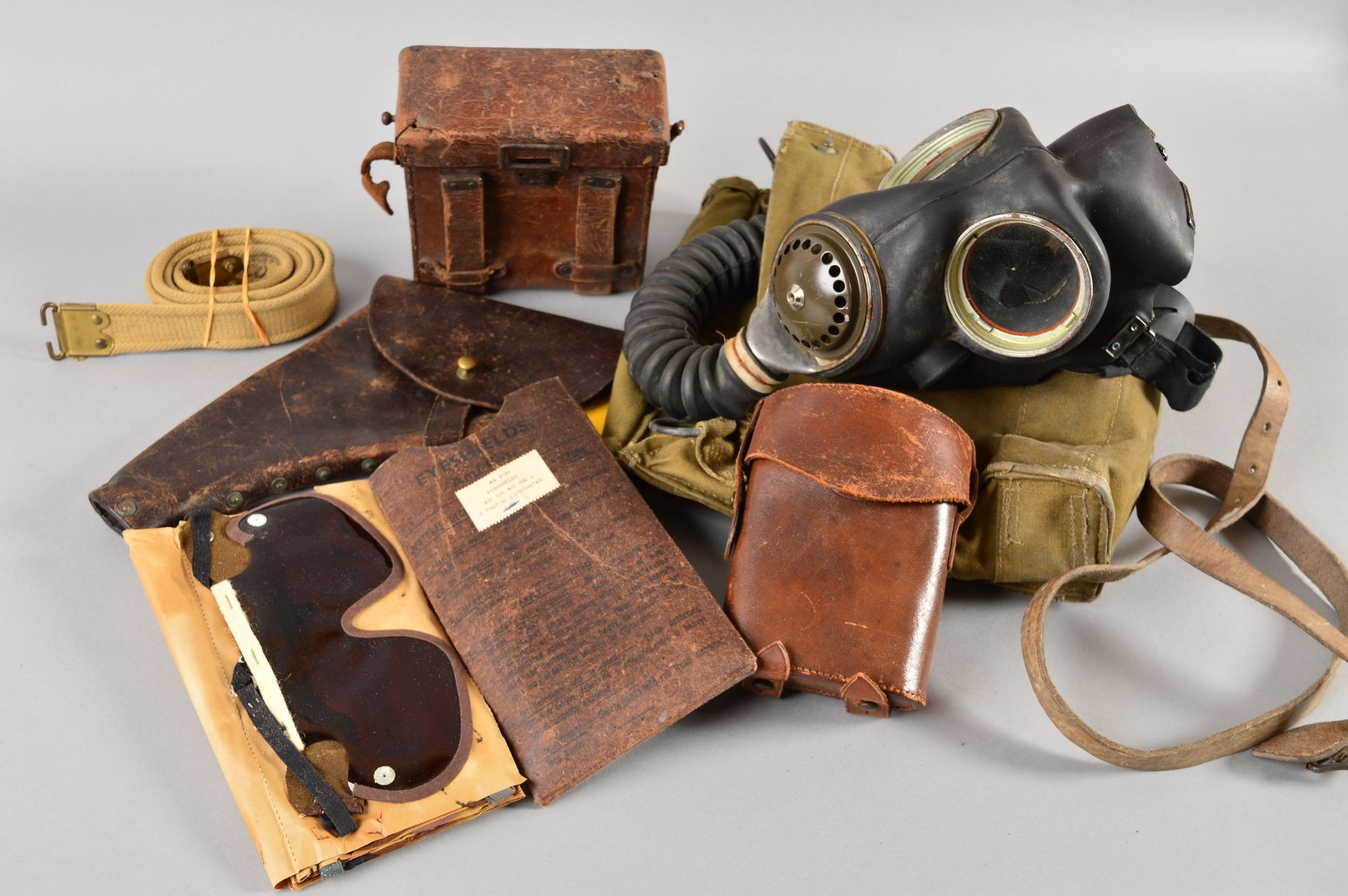 A BOX CONTAINING A WWII ERA BRITISH GAS MASK AND EYE SHIELDS, in green canvas bag, inside the
