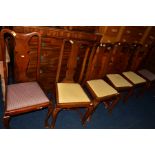 A SET OF SIX EDWARDIAN MAHOGANY SPLAT BACK CHAIRS, with drop in seat pads
