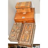A VICTORIAN ROSEWOOD WORKBOX, no internal fittings, a Black Forest style carved box and two 19th