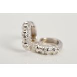 A PAIR OF 18CT WHITE GOLD DIAMOND HOOP EARRINGS, on hinged design, the front half with three