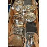 A BOX OF ASSORTED SILVER PLATE INCLUDING SHELL SHAPED MENU HOLDERS, tray, table lighters, entree