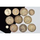 A SMALL BOX OF EARLY CROWNS, etc, to include six Victoria Crown coins with some wear, a Morgan