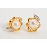 A MODERN 18CT GOLD CULTURED PEARL AND DIAMOND STUD EARRINGS, shell design, post and scroll fittings,