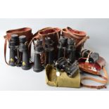 A BOX CONTAINING FIVE PAIRS OF MILITARY ISSUE FIELD BINOCULARS, WWII era as follows, Barr &