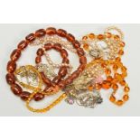 A SELECTION OF MAINLY NECKLACES, to include a pressed amber graduated bead necklace, two faceted