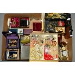 A BOX OF MAINLY COSTUME JEWELLERY AND WATCHES, to include an early 20th Century green paste