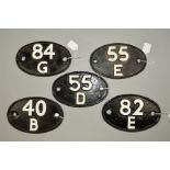 FIVE CAST IRON SHED PLATES, raised white lettering on black background, 40B Immingham, 55D