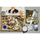 A BOX OF JEWELLERY, WATCHES etc, to include a pocket watch, a lady's wrist watch, a lighter, a