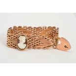 A 9CT GOLD BRACELET AND SINGLE CAMEO EARRING, the bracelet of a fancy brick link design suspending a