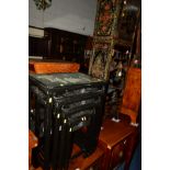 A TALL ORIENTAL BLACK GROUND CABINET, with a single door above double cupboard doors and a single