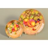 TWO PIECES ROYAL WORCESTER 'FALLEN FRUITS', to include a plate, peaches and cherries study, signed J