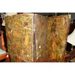 A DISTRESSED VICTORIAN THREE FOLD FLOOR STANDING SCREEN, decorated back and front with scraps, width