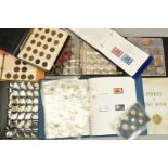 A BOX CONTAINING ALBUMS OF 20TH CENTURY COINS, to include an album of stamps, UK Mint plus a leaf of