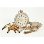 AN EARLY 20TH CENTURY SILVER OPEN FACE POCKET WATCH, ALBERTINA AND FIVE WATCH KEYS, the pocket watch