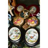 A PAIR OF SEVERN WARE CHINA FRAMED CIRCULAR PLAQUES, fruit decorated and signed N. Creed, overall