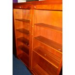 A PAIR OF YEW WOOD OPEN BOOKCASES, height 181cm