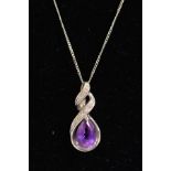 A 9CT WHITE GOLD AMETHYST AND DIAMOND PENDANT AND CHAIN, the pendant designed as a pear shape