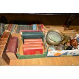 A BOX OF SUNDRY ITEMS to include copper and brass bowls, candlesticks and hunting horn, wooden