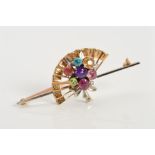 A 9CT GOLD MULTI GEM BROOCH, the cluster of various circular gems to include amethyst, citrine and