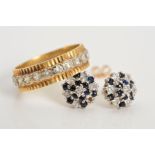 A PAIR OF 9CT GOLD SAPPHIRE AND DIAMOND STUD EARRINGS AND A PASTE ETERNITY RING, the ear studs
