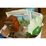 A BOX AND LOOSE SUNDRY ITEMS to include an oak cased Junghans mantel clock, Carlton Ware leaf shaped