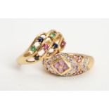 TWO 9CT GOLD GEM RINGS, the first of openwork design claw set with emeralds, sapphires and rubies,