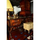 A LARGE REPRODUCTION MAHOGANY SOFA TABLE with a brown tooled leather inlay top and five various